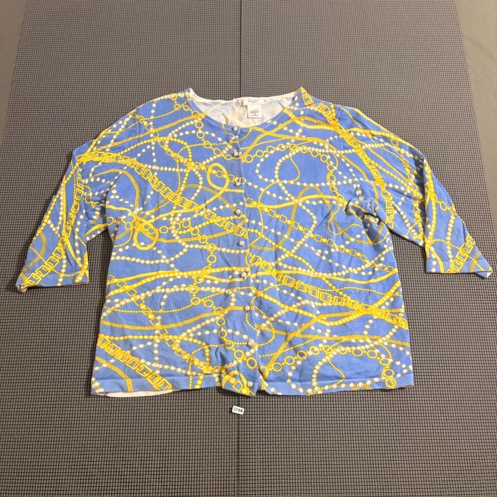 Kate Hill Woman Blue Yellow Chain Print Cotton Cardigan Sweater Size 3X